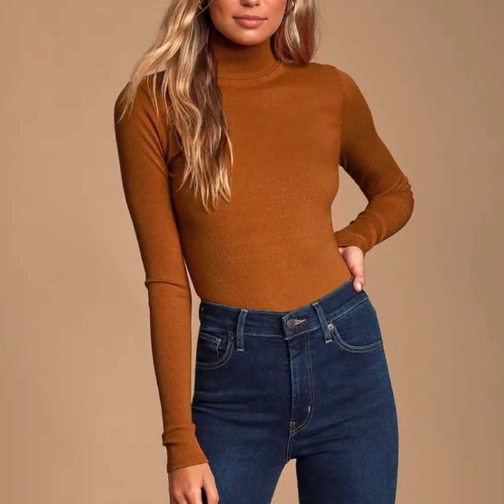 Rust orange mockneck ribbed bodysuit